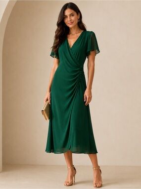 Reformation Breanna Midi Dress Gathered Waist Side Slit Emerald Green Sz 0 NWT‎